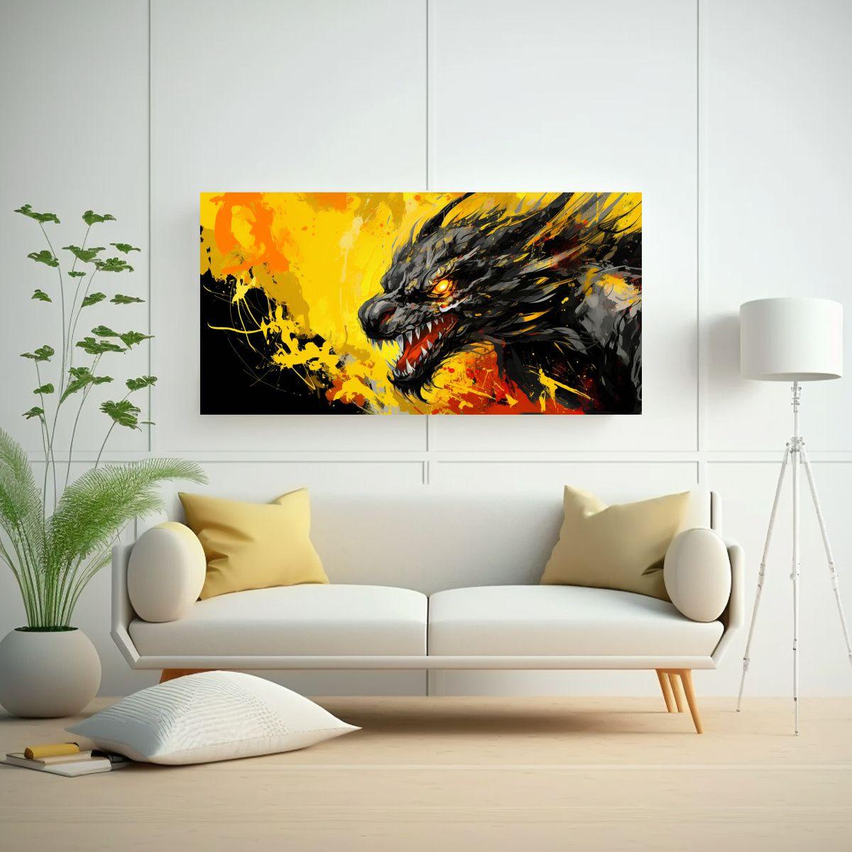 Pintura En Bastidor Forma Lineales Dragón En Amar 140x70cm-2
