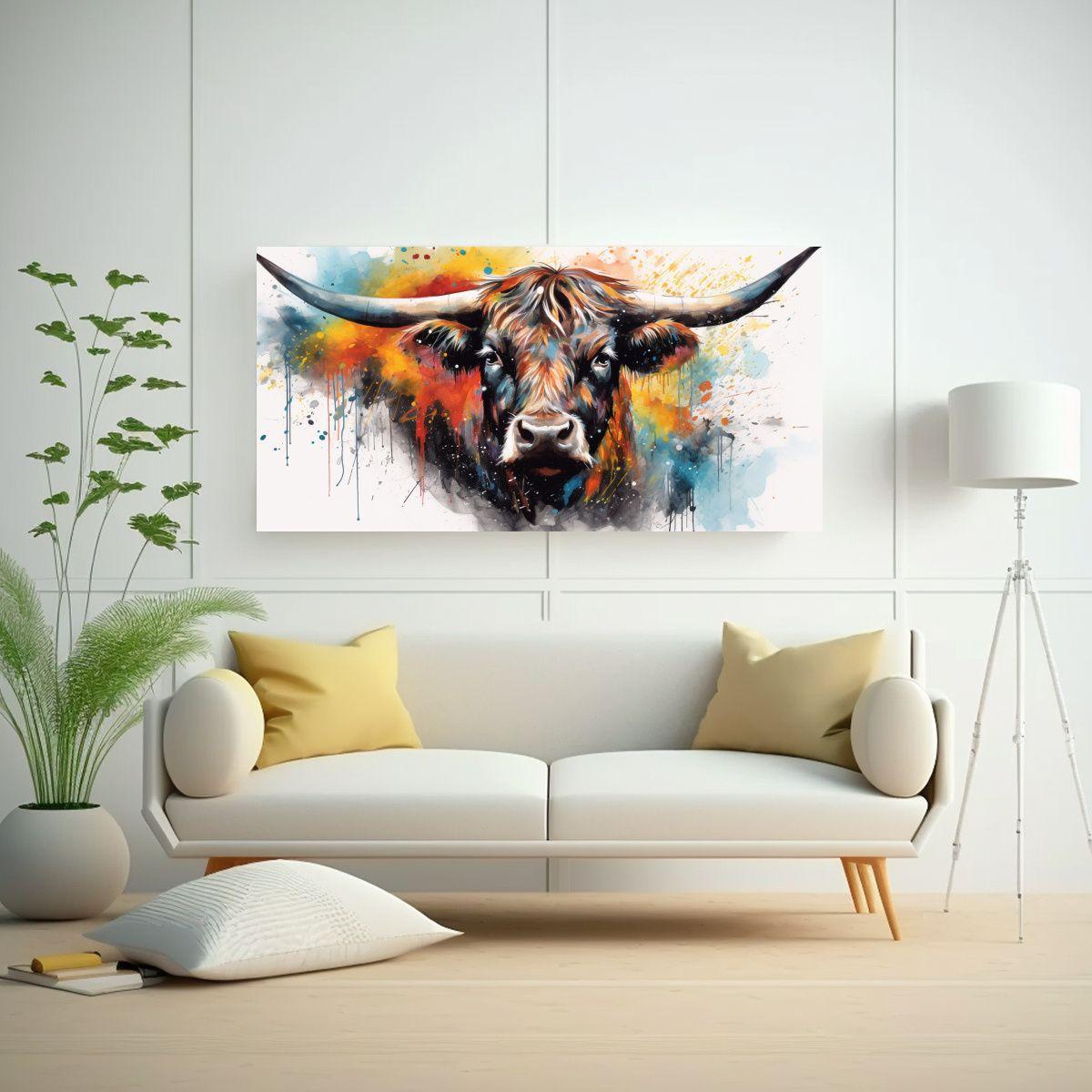 Pintura Arte Forma Vaca Angus Acuarelas Coloridas  160x80cm-2