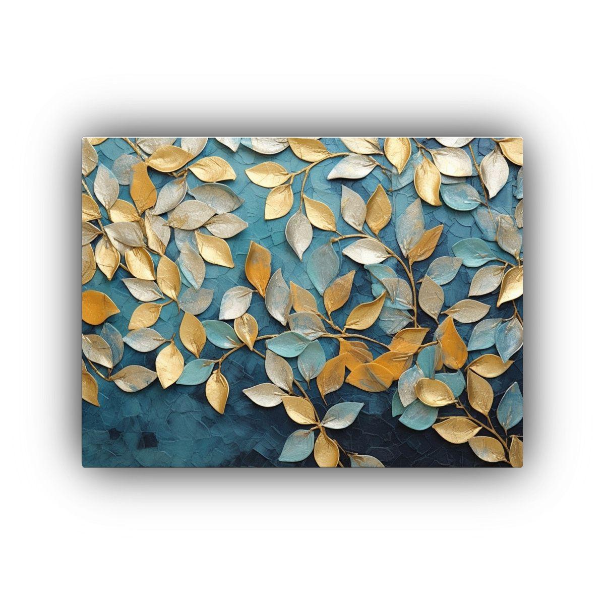 Cuadro Moderno De Hojas Doradas Azul Gris Y Dorado Para Deco 120x80cm-0