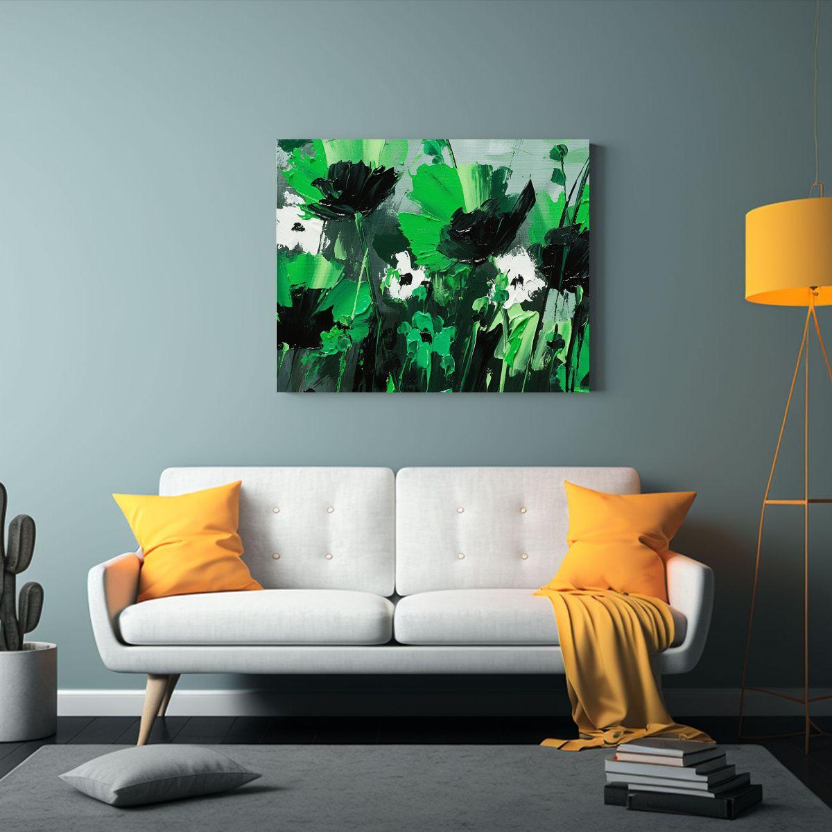 Pintura De Flores En Lienzo Verde Y Negro Para Decoración D 40x30cm-2