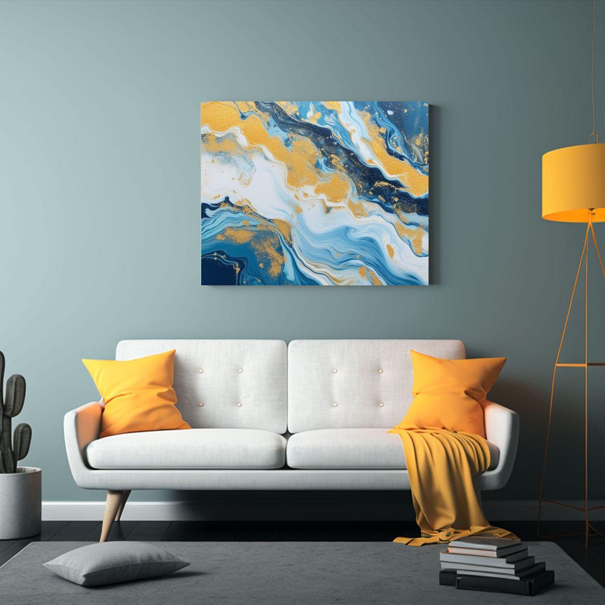 Pintura Marmolada Azul Y Dorada: Arte De Pared Duradero 75x50cm-2