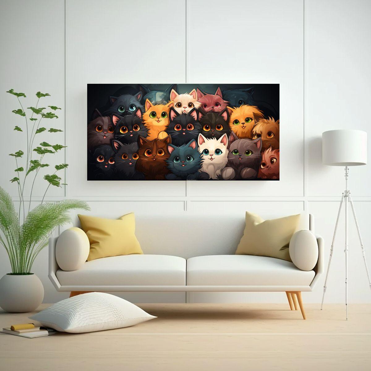 Cuadro Conceptual Gatos Felices Y Locos En Sala 40x20cm-2