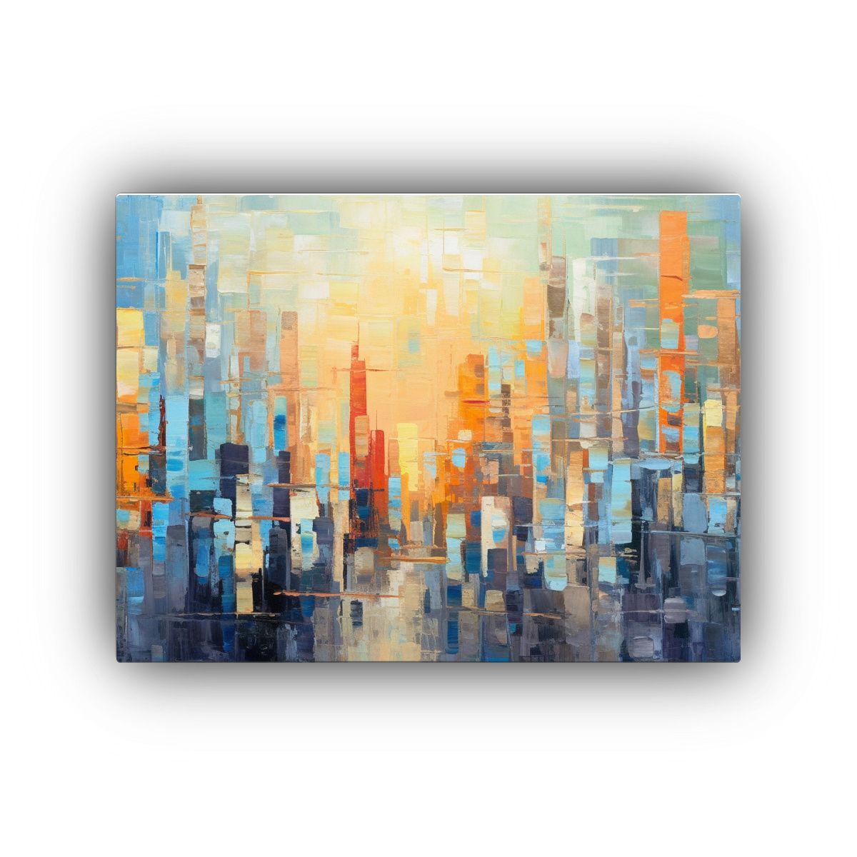 Cuadro Abstracto Neocubista De Escena Urbana Con Luz Dorada 90x60cm-0