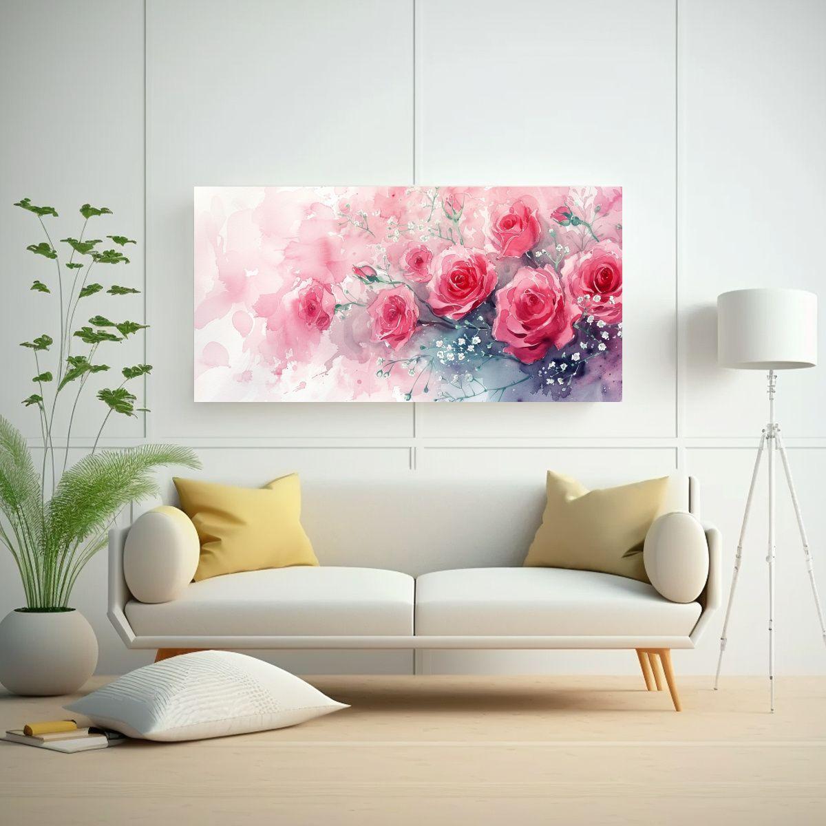 Cuadro Lienzo Floral Acuarela Rosas Y Gypsophila 40x20cm-2