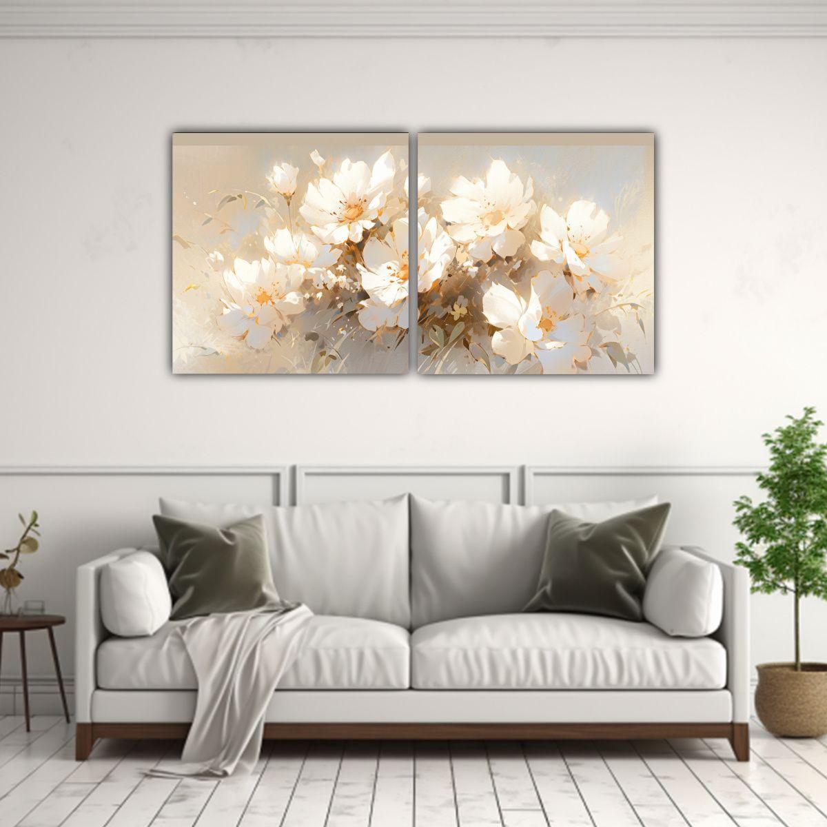 Set 2 Lienzos Creativa Floral Blanco Y Dorado 40x20 Cm-2
