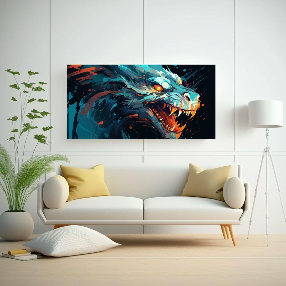 Pintura Decorativa De Dragón En Turquesa Y Naranj 100x50cm-2