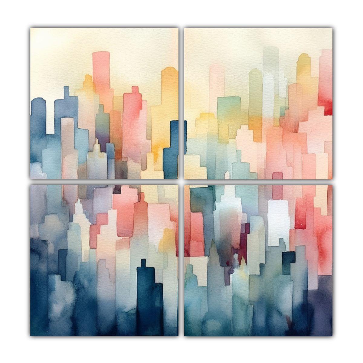 Cuatro Cuadros Tonos Refinado Paisaje Urbano 180x180 Cm-0