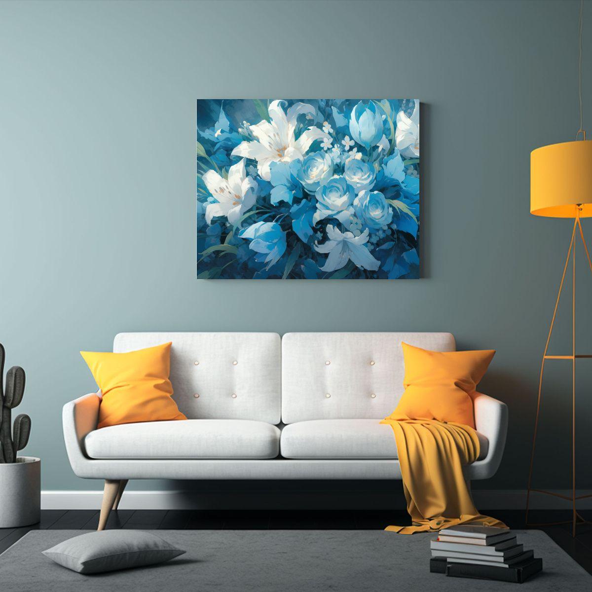 Pintura De Arte De Pared Tema Pop Art Flores En Tonos Cian E 120x80cm-2