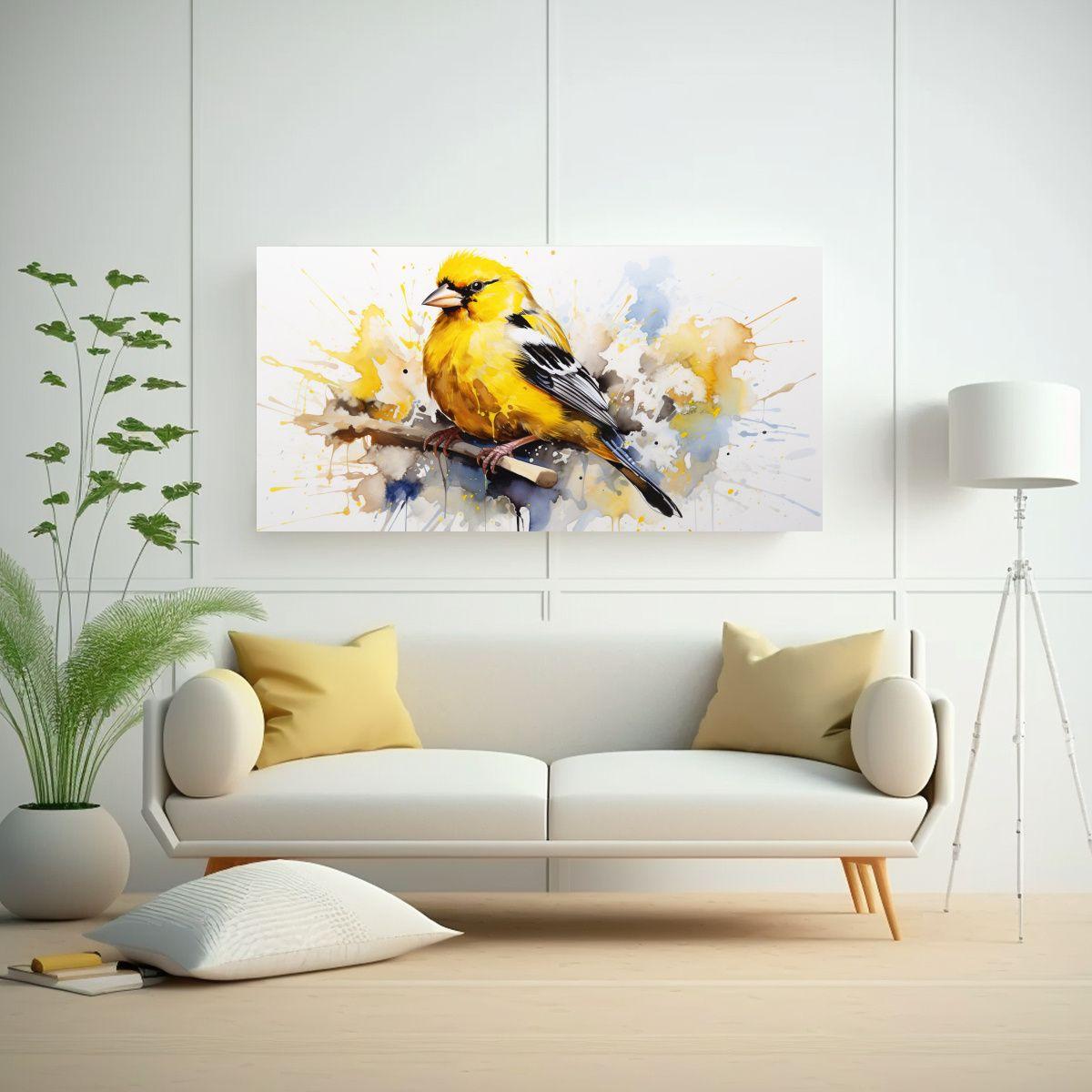 Lienzo De Tela Finch En Amarillo Y Oro Arte Pop 100x50cm-2
