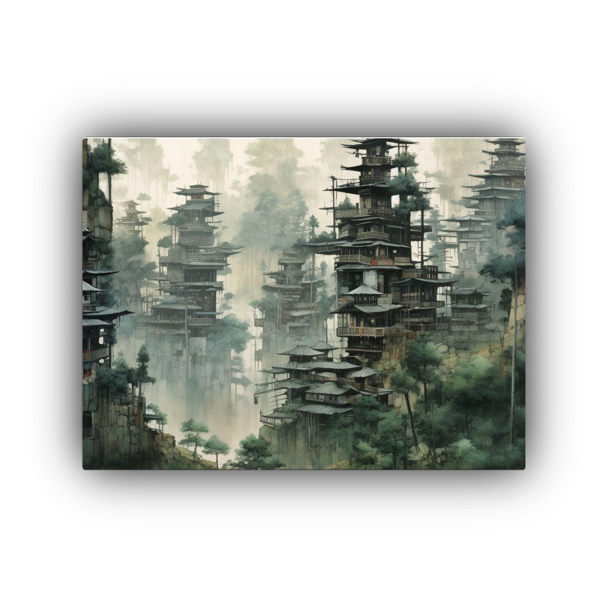 Pintura China De Una Ciudad En Tonos Oscuros Y Simbióticos. 45x30cm-0