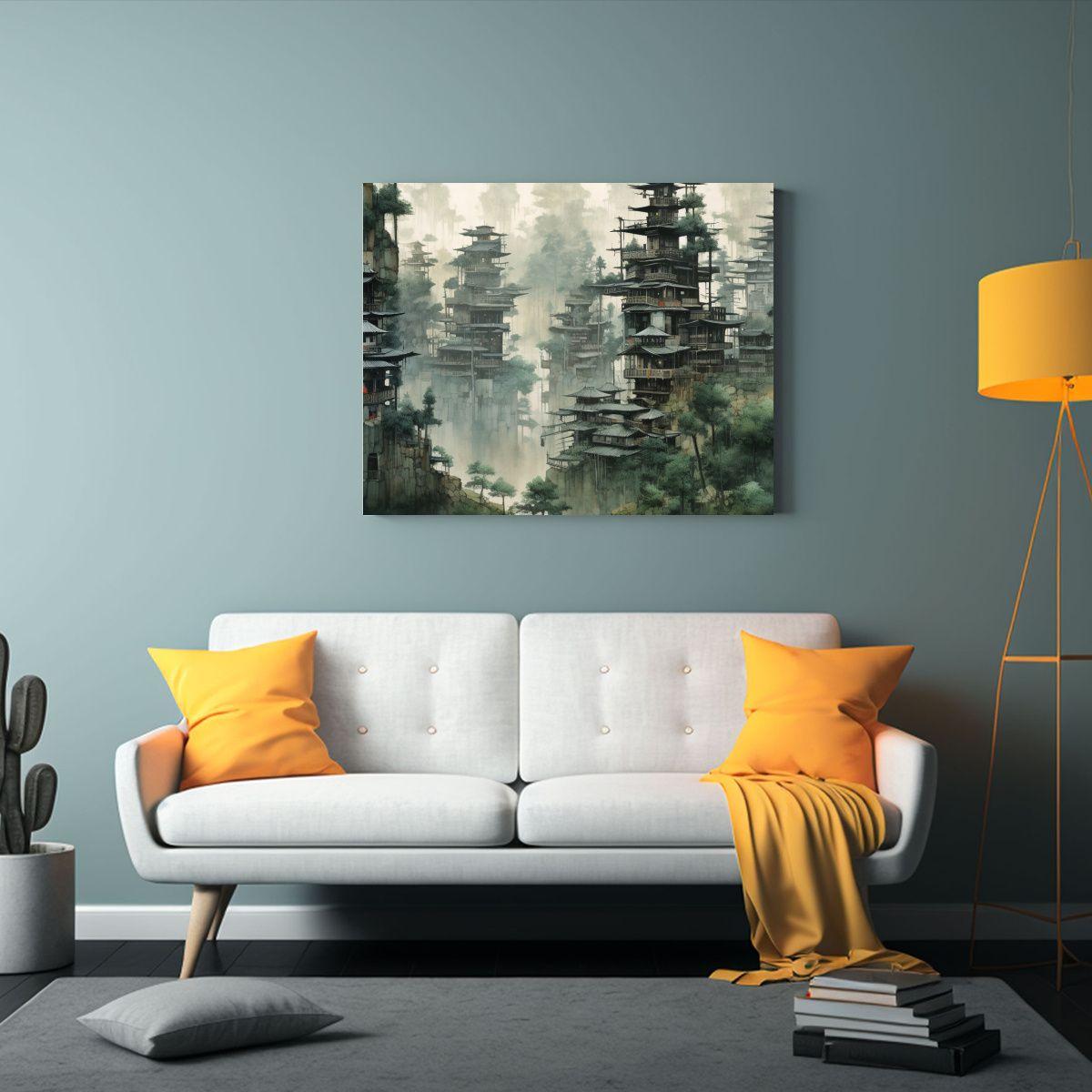 Pintura China De Una Ciudad En Tonos Oscuros Y Simbióticos. 45x30cm-2