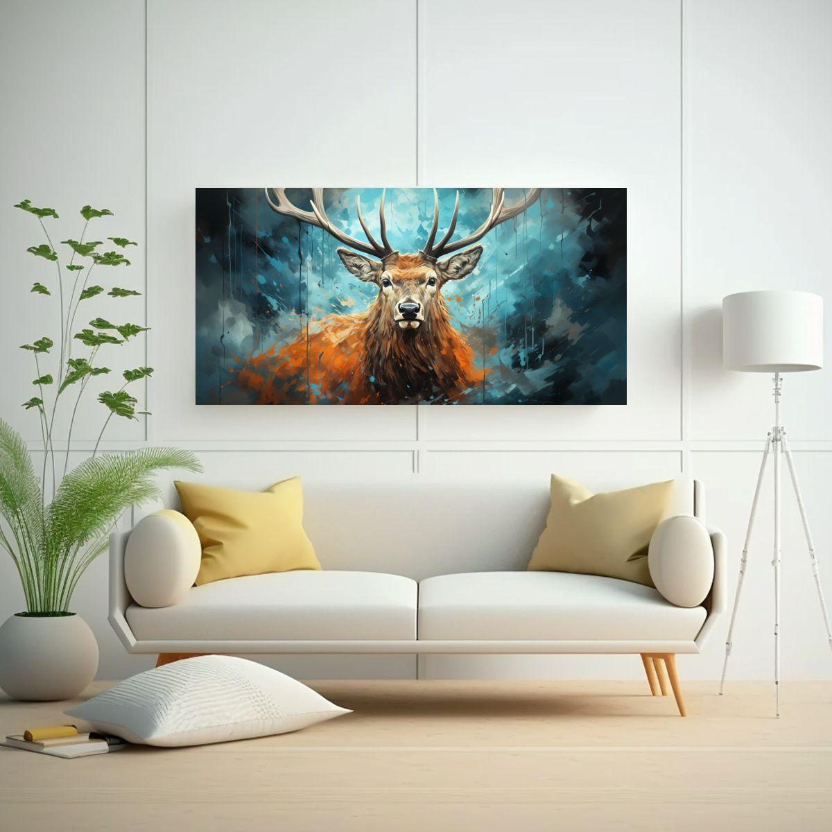 Cuadro Moderno Belleza: Elk En Azul Y Carbón En A 140x70cm-2