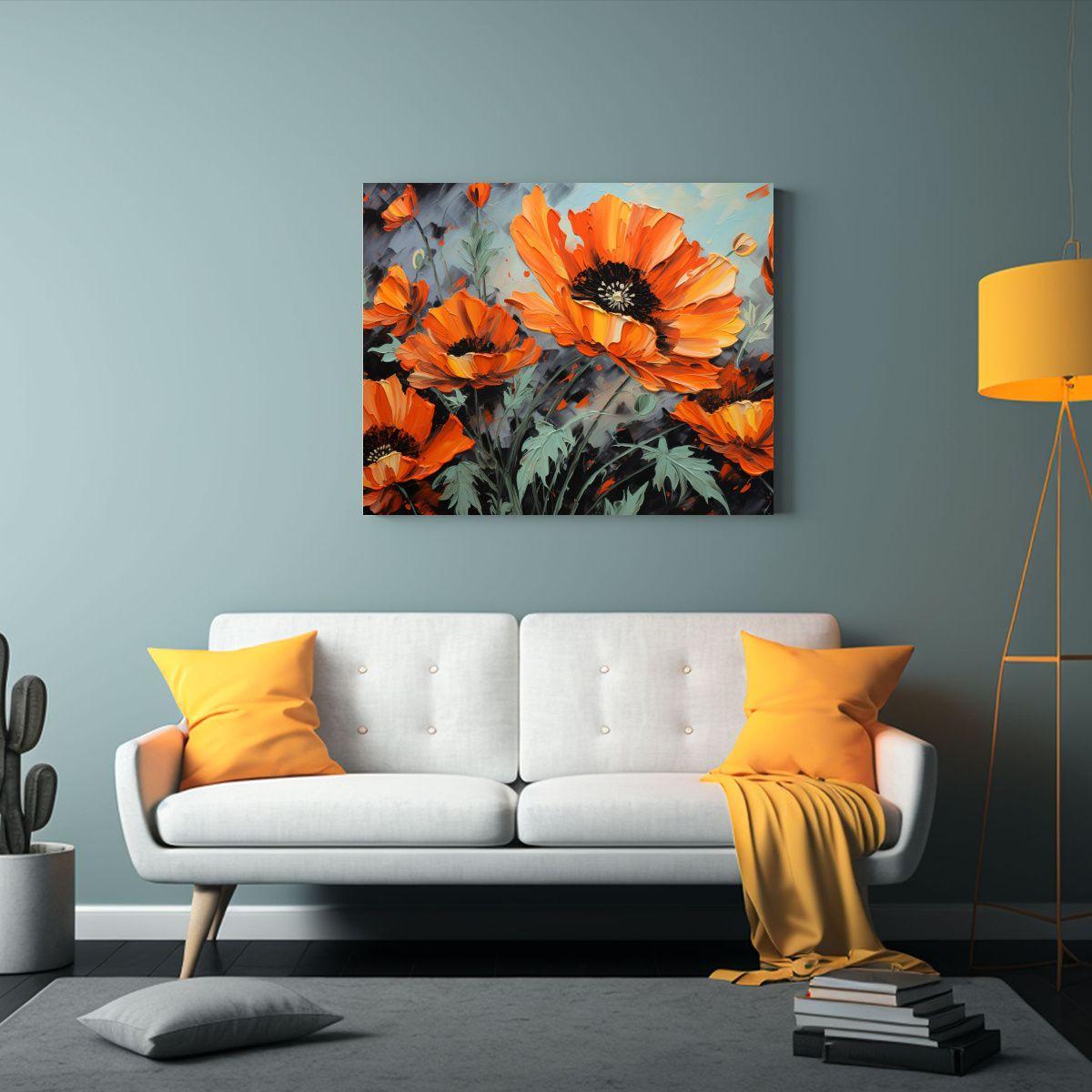 Pintura Floral En Lienzo Moderno En Colores Naranja Y Negro 65x50cm-2