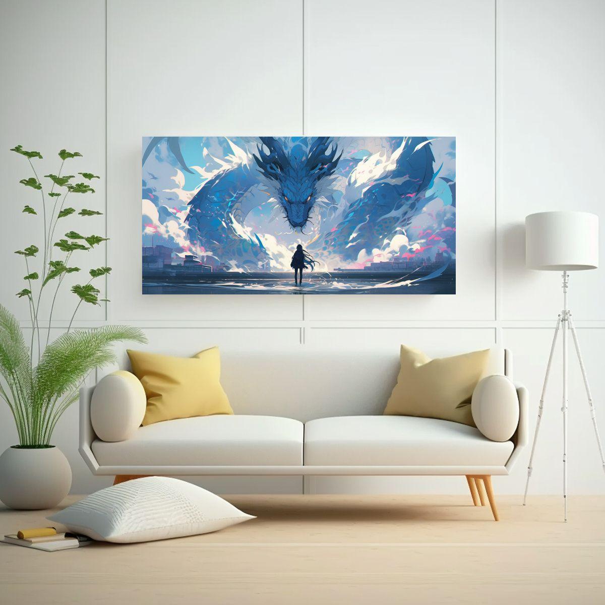 Cuadro Moderno En Bastidor De Madera: Dragón Azul 60x30cm-2