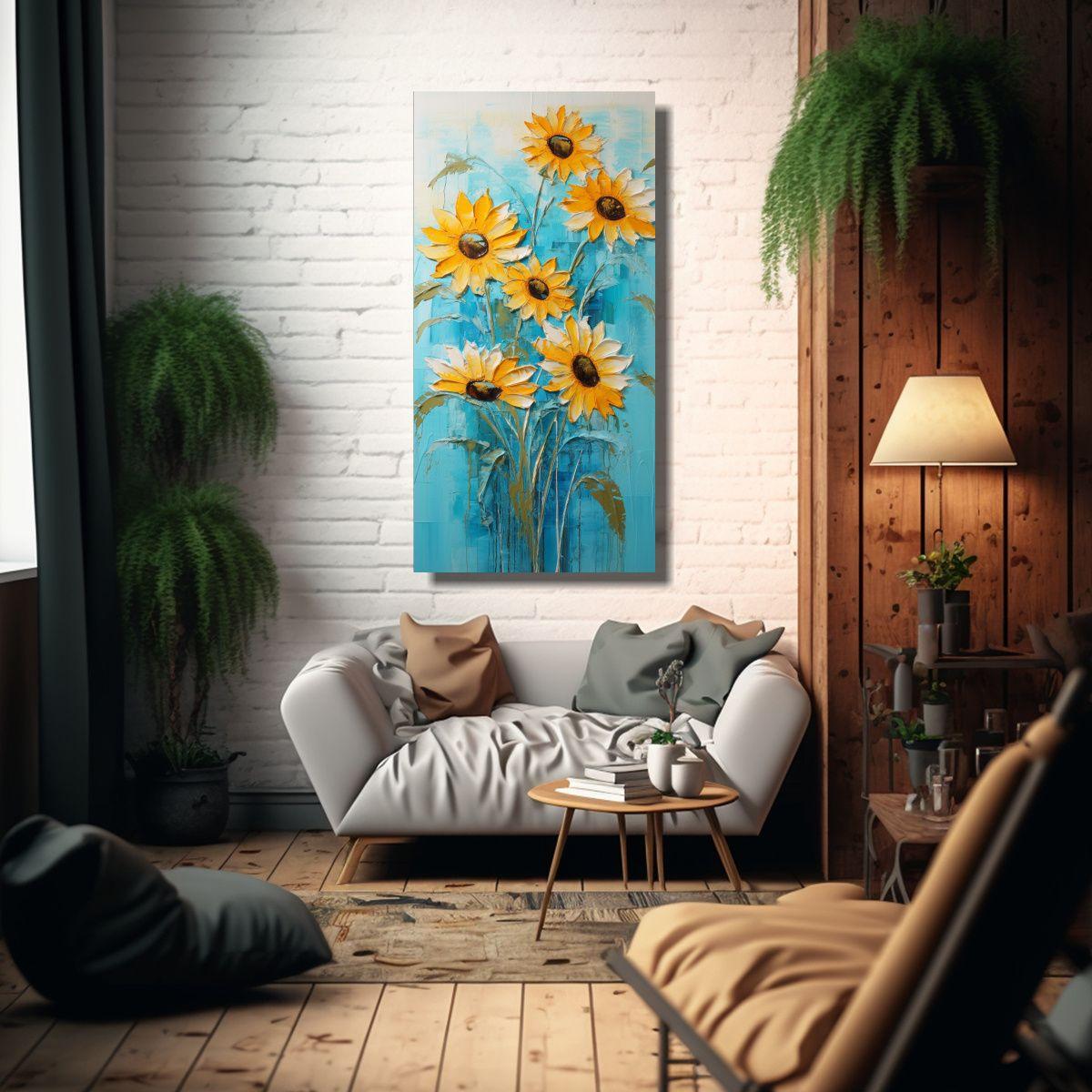 Cuadro Lienzo Patrón Pop Art Girasoles Turquesa 70x140cm-2