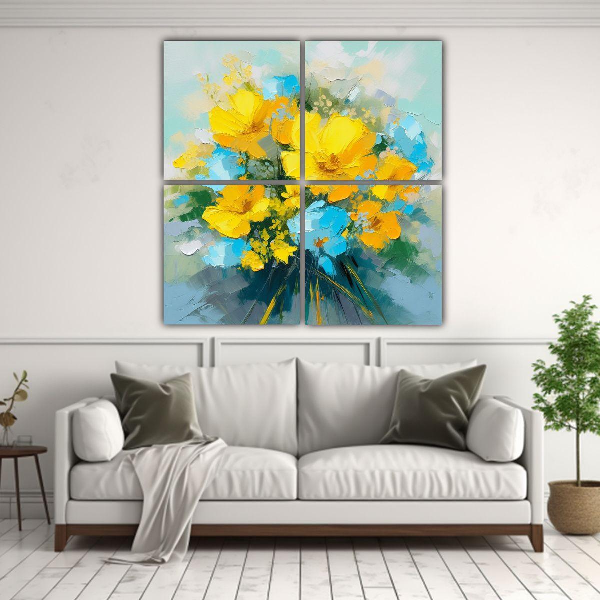 Cuadro Moderno A Amarillo Y Cian Flores En Lienzo 80x80 Cm-2