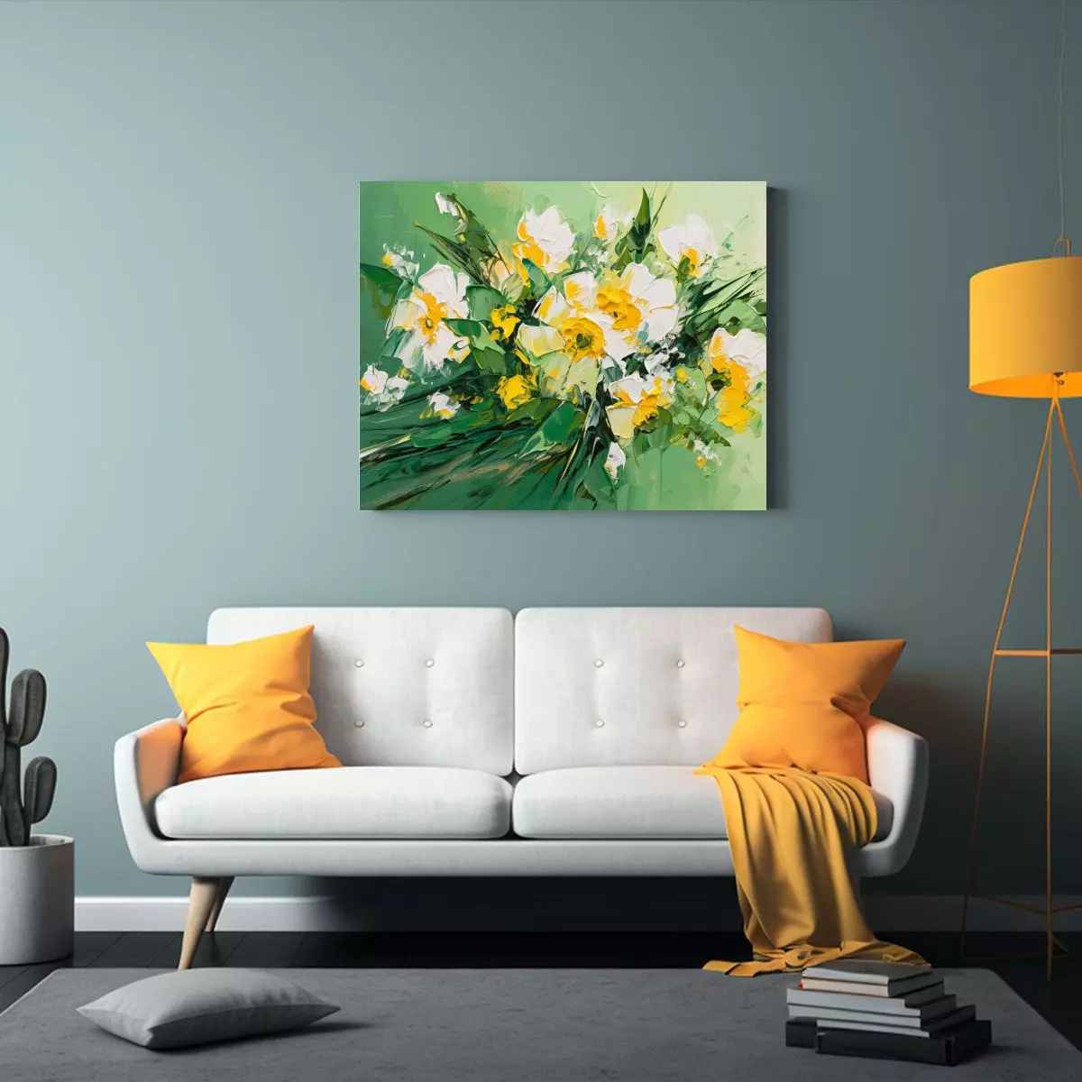 Pintura Floral En Lienzo Con Vitalidad En Amarillo Y Verde 75x50cm-2