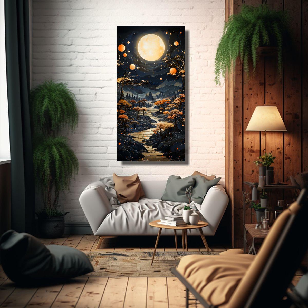 Pintura Decorativa Montaña Nocturna Paisaje 50x100cm-2