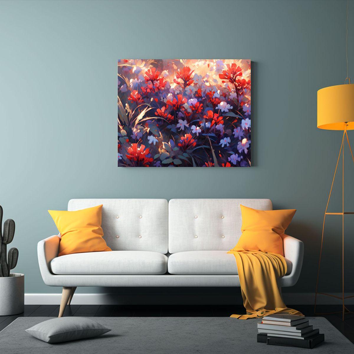 Pintura En Lienzo De Flores En Colores Morado Y Rojo De Alta 65x50cm-2