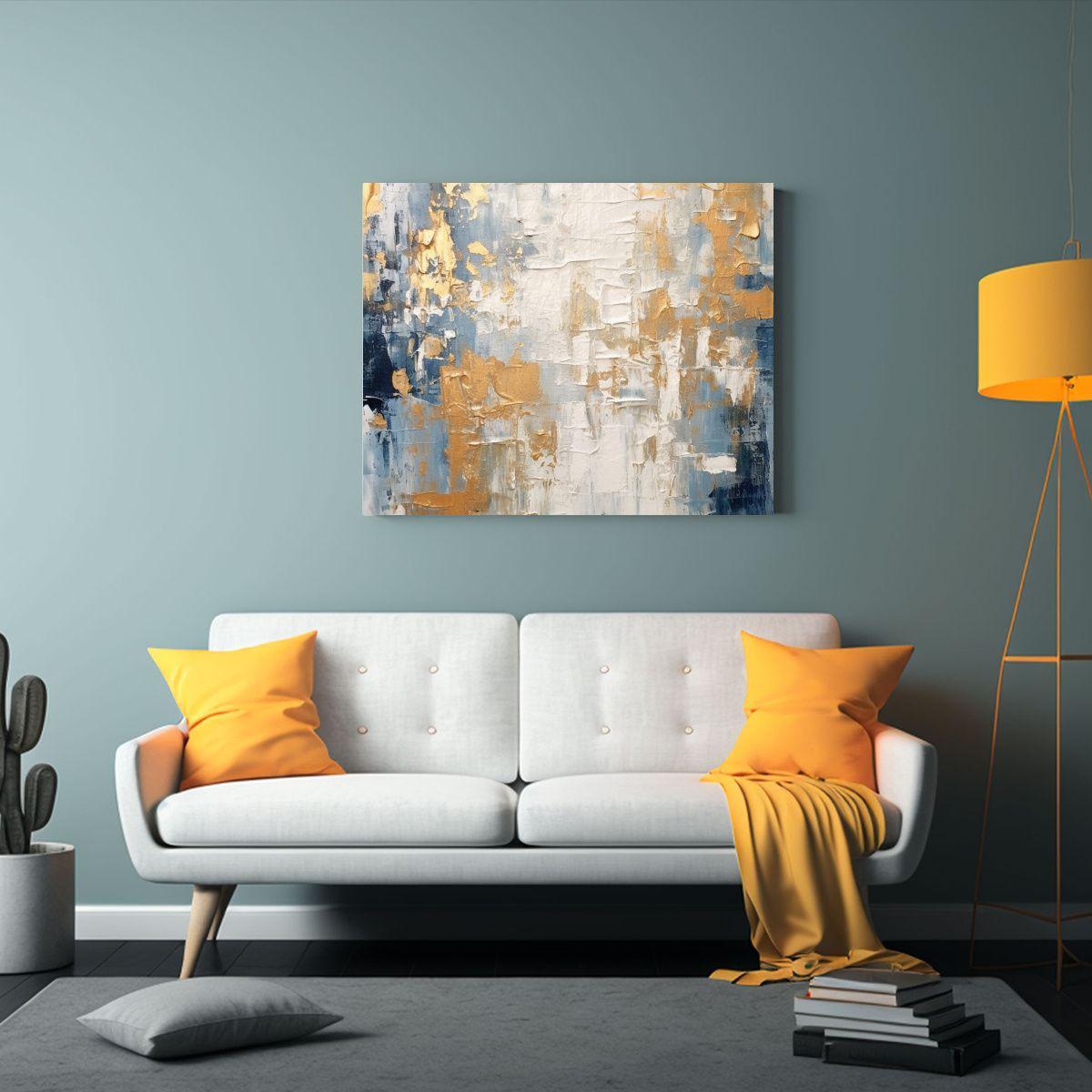 Pintura Abstracta Moderna En Acrílico Azul Gris Oro Para De 65x50cm-2