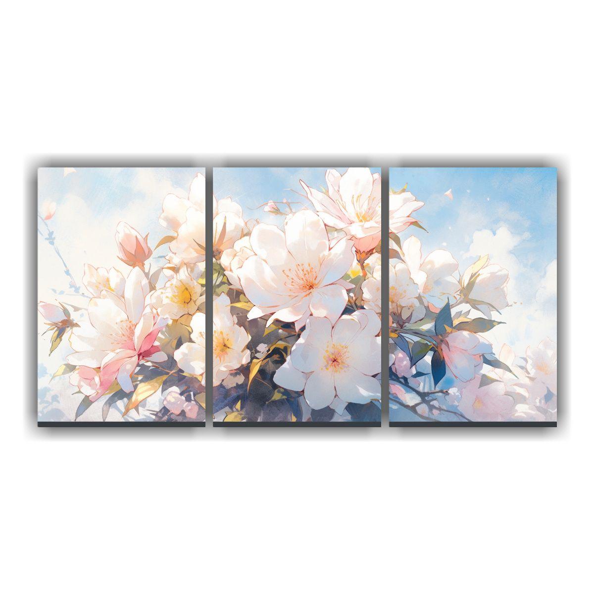 Tres Lienzos Expresión Comedor Magnolias Pastel 150x75 Cm-0