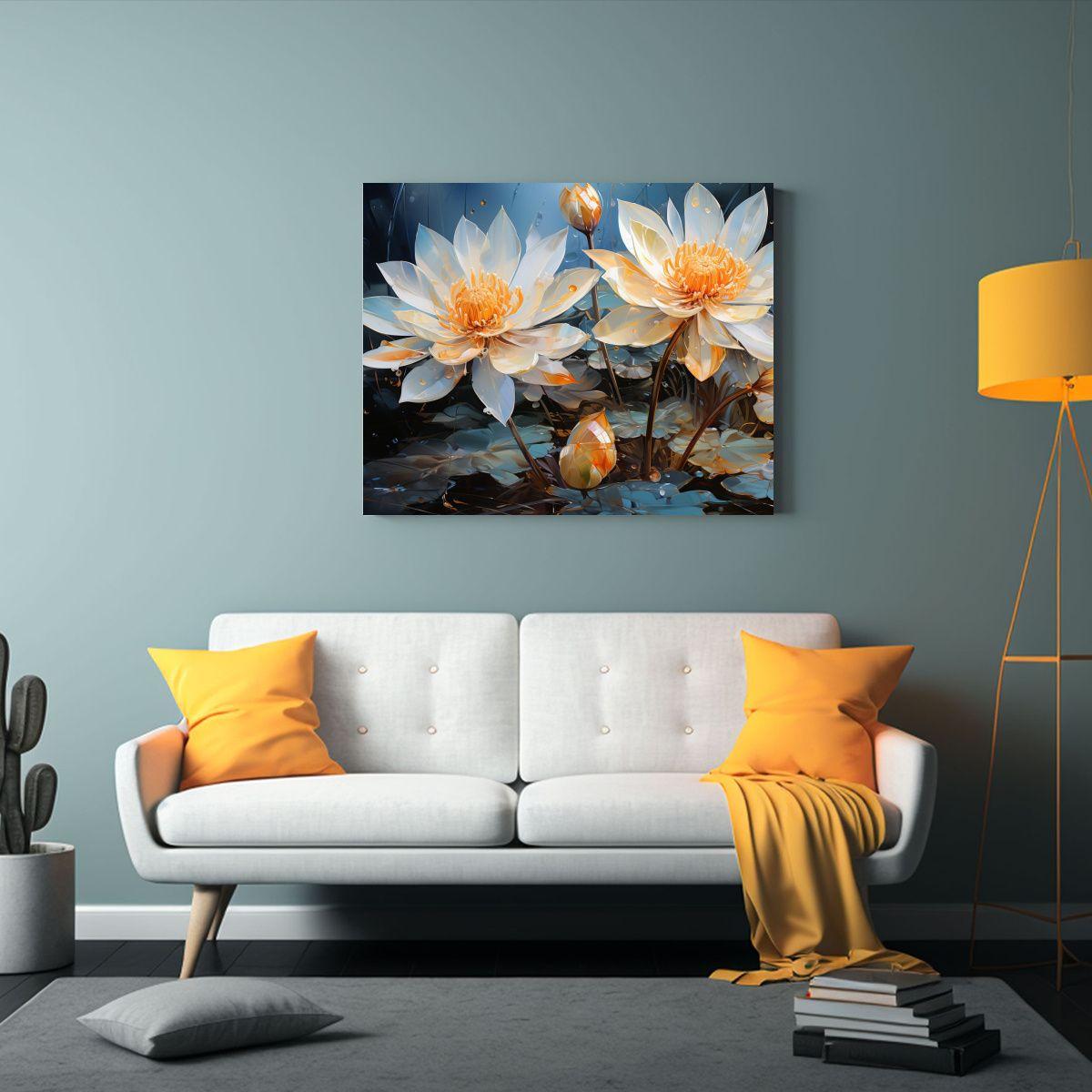 Pintura Abstracta Moderna De Lirios En Tonos Dorados Y Azule 90x60cm-2