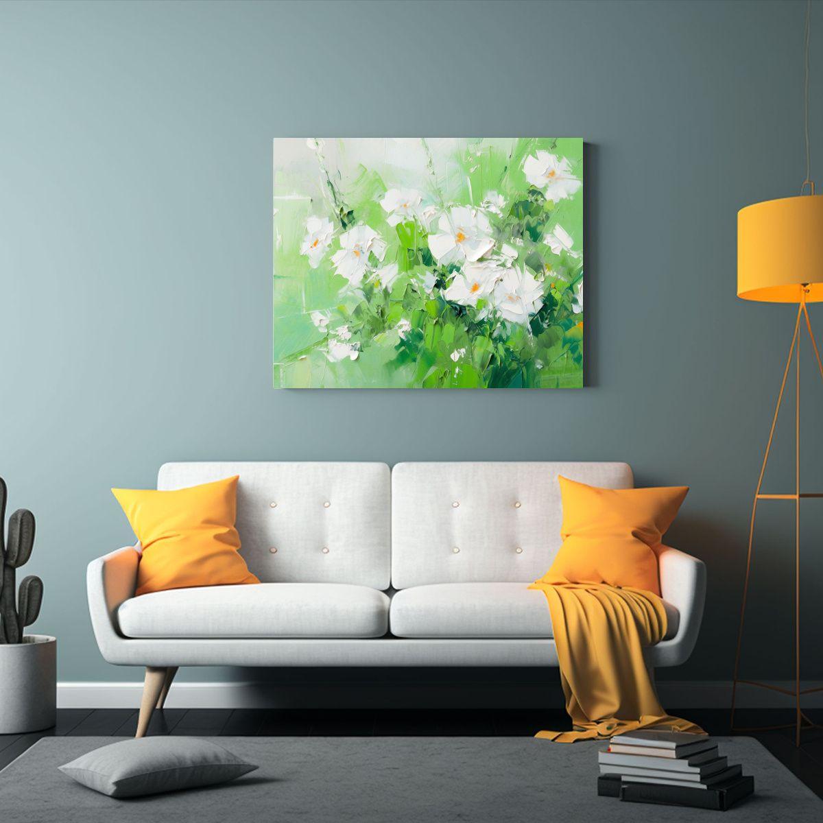 Pintura En Lienzo De Flores En Colores Verde Y Blanco Para D 65x50cm-2