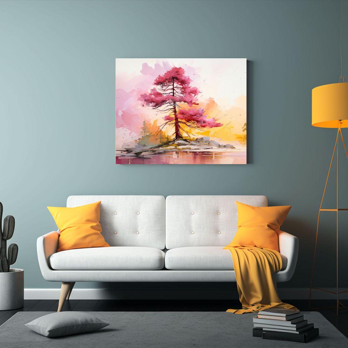 Composición Impreso Árbol Pino Amarillo Y Rosa 65x50cm-2