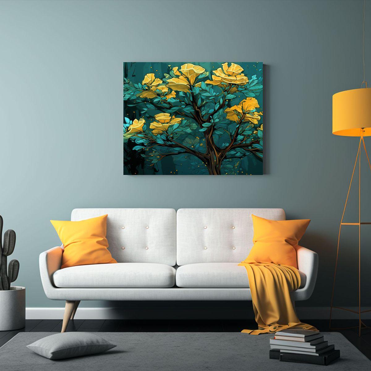 Pintura Abstracta Para Comedor: Árbol Secuoya En Amarillo Y 65x50cm-2