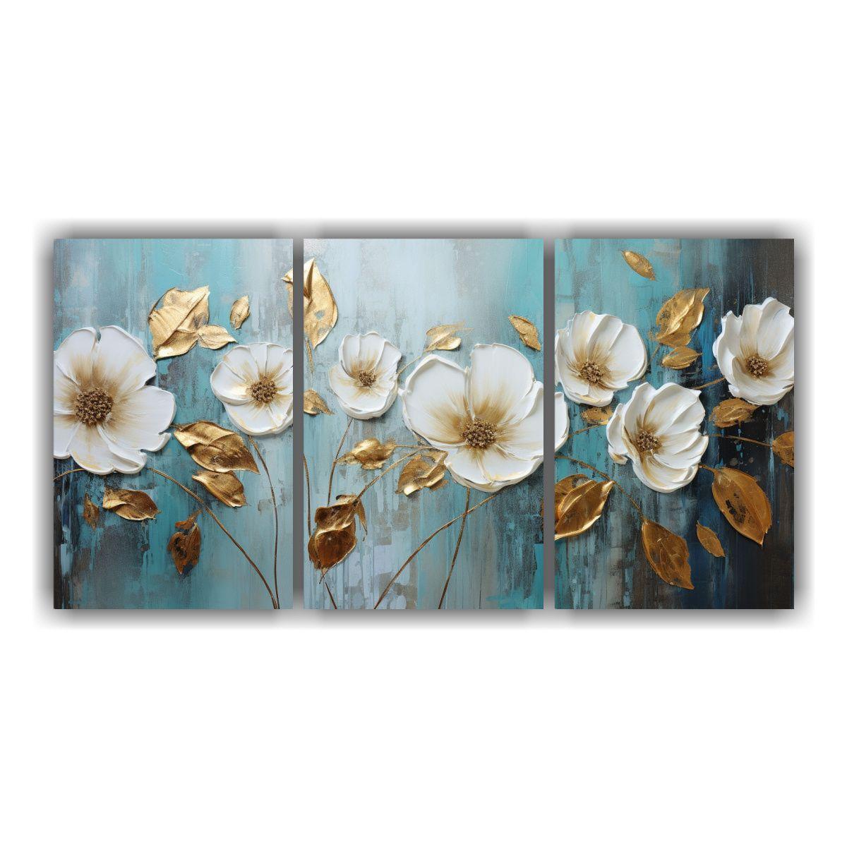 Tres Lienzos Cuadro Multicolor Pintura De Flores 60x30 Cm-0