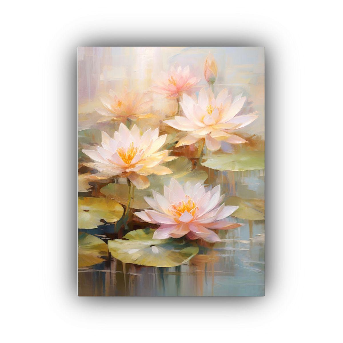 Pintura Al óleo De Tres Nenúfares Frescos En Tonos Rosados 40x60cm-0