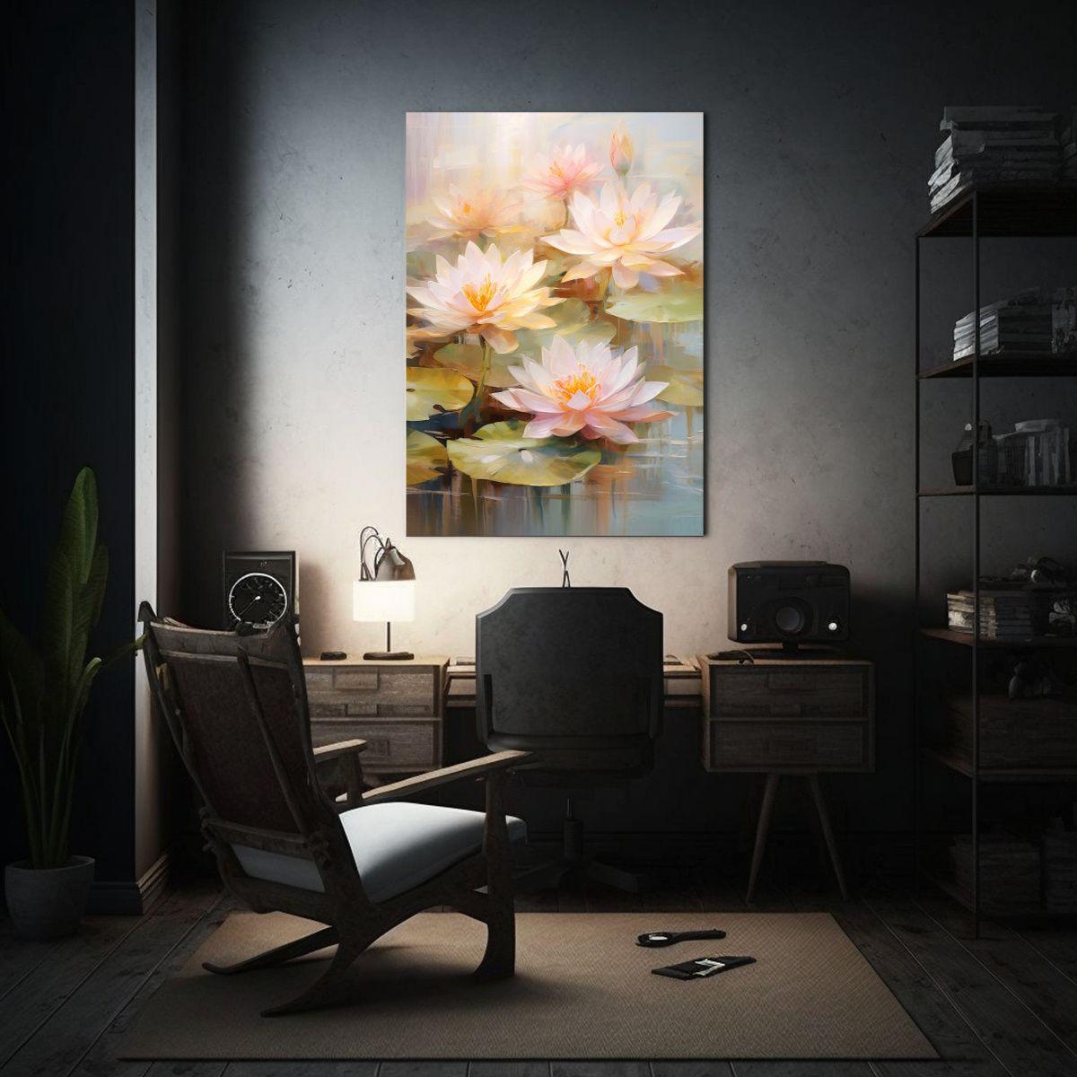 Pintura Al óleo De Tres Nenúfares Frescos En Tonos Rosados 40x60cm-2