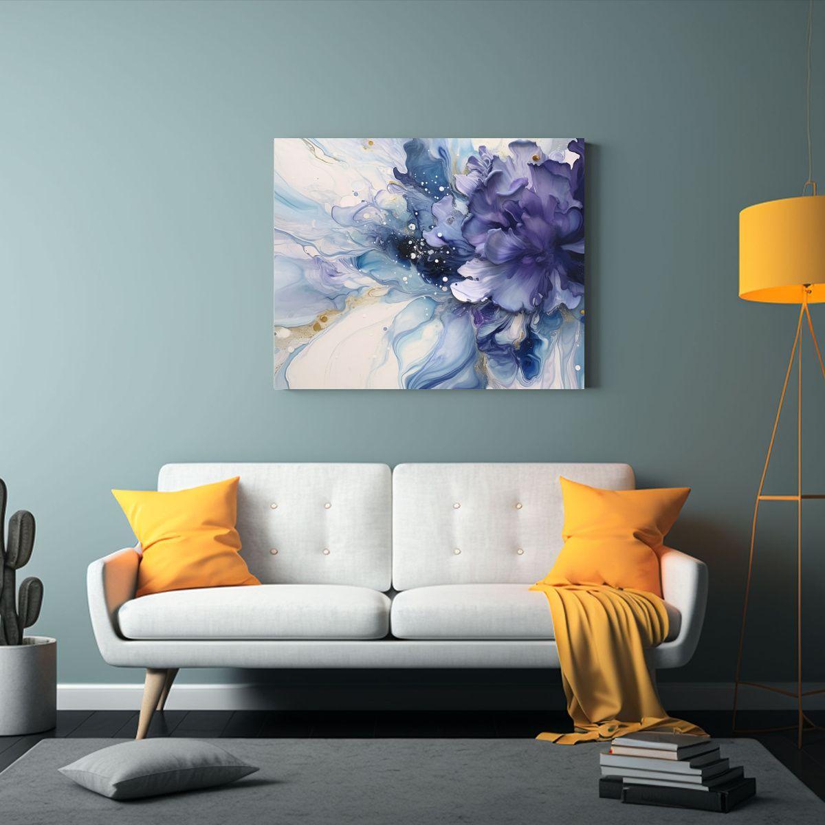 Cuadro Floral Azul Y Gris Sobre Lienzo Blanco: 65x50 Cm-2