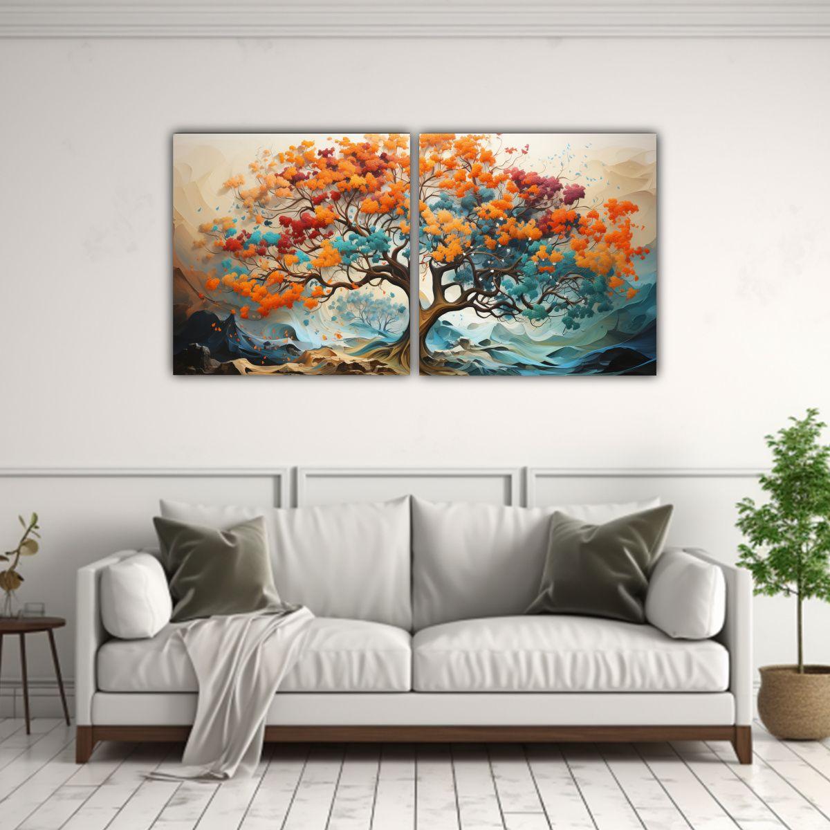 Dos Lienzos Tela Canvas Brillante Árbol De Roble 140x70 Cm-2