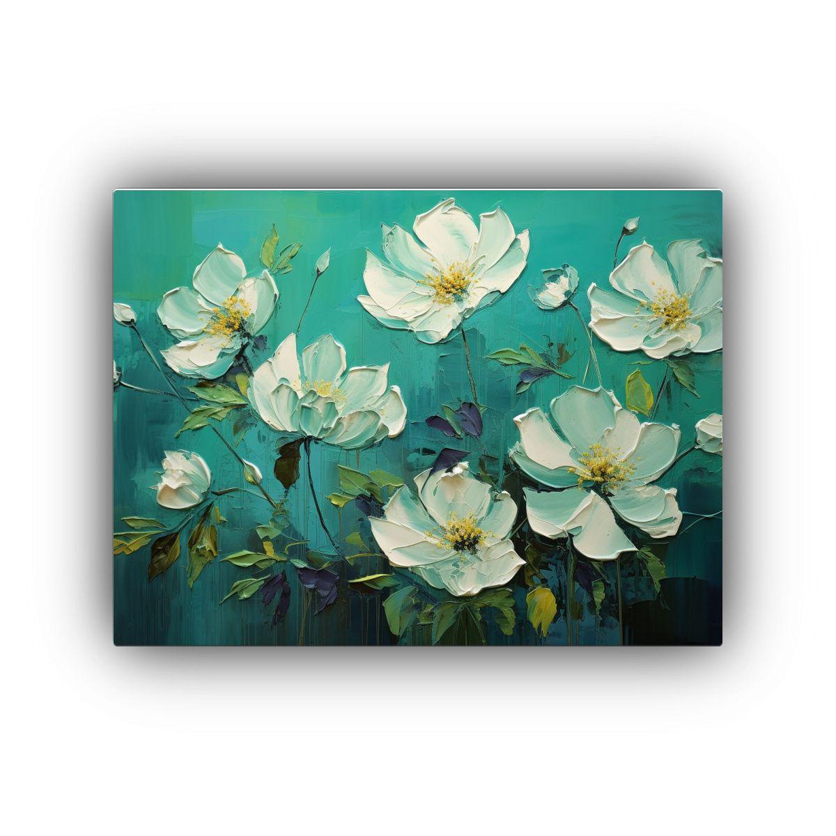 Cuadro De Flores En Tonalidades Verdes Y Teal 60x40cm-0