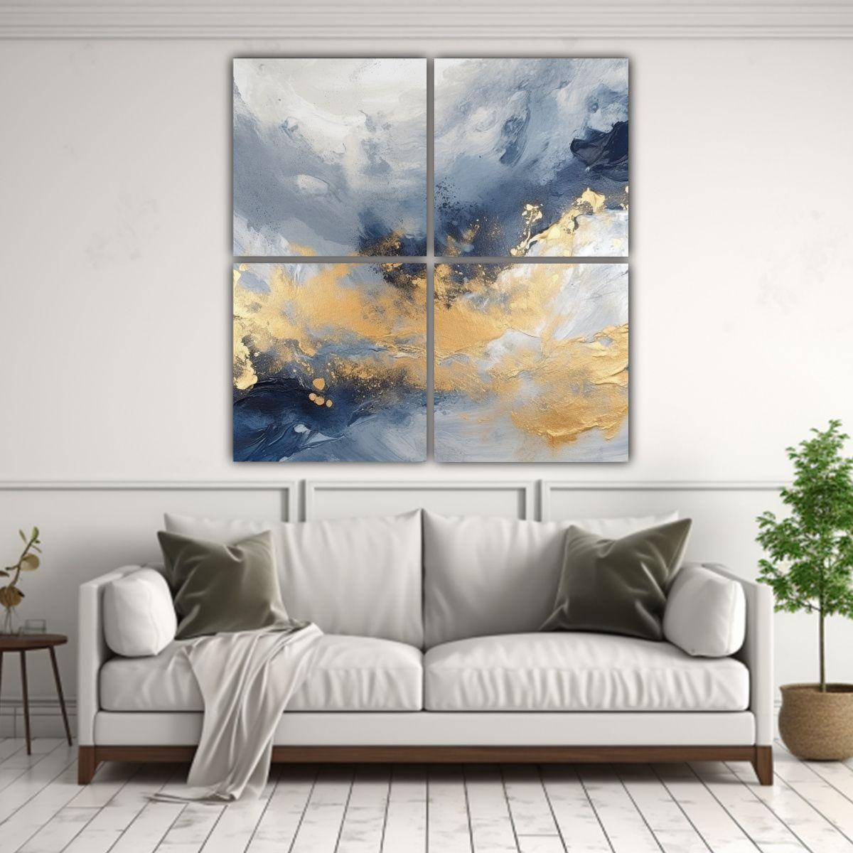 Cuatro Cuadros Abstractos En Tela De Oro Y Azul, 120x120 Cm-2