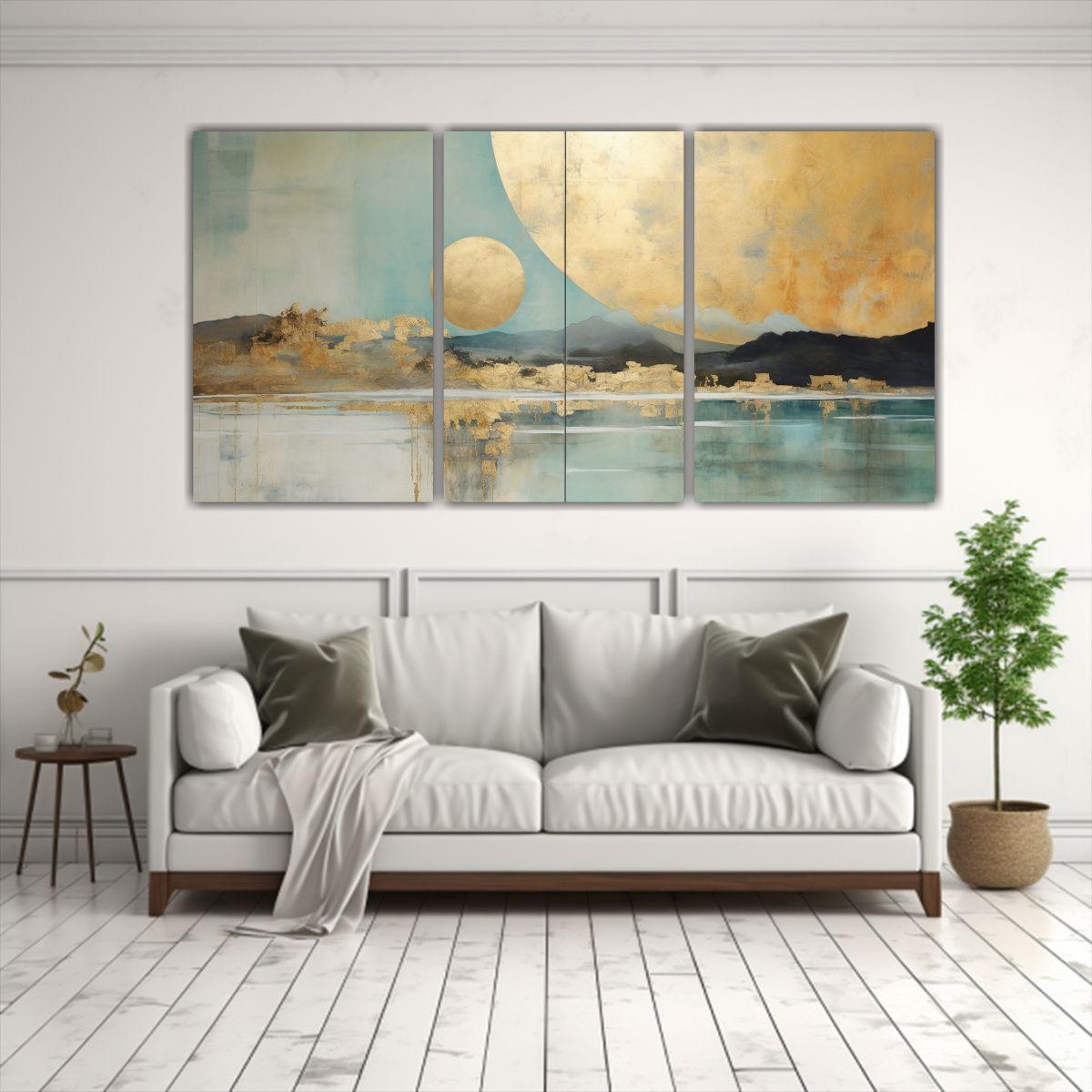 Pintura En Bastidor Acuarela Con Oro, Turquesa Y 90x45 Cm-2