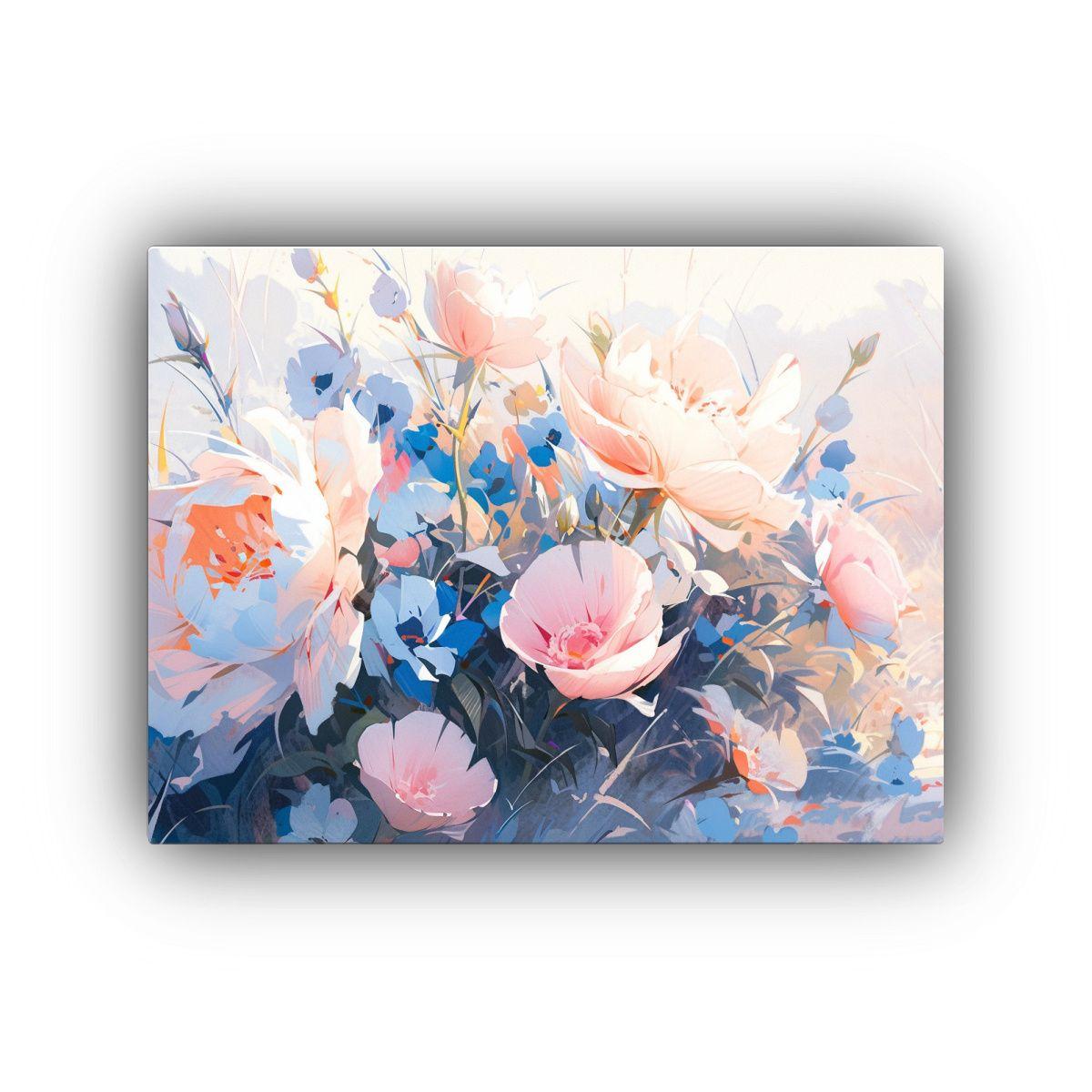 Cuadro Moderno Floral En Tonos Rosa Y Azul Para Decoración. 30x20cm-0