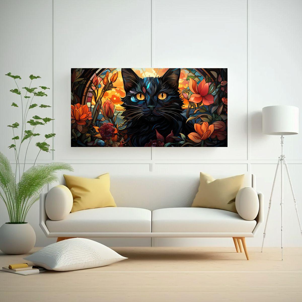 Cuadro Decorativo Moderno Vidriera Gato Negro 60x30cm-2