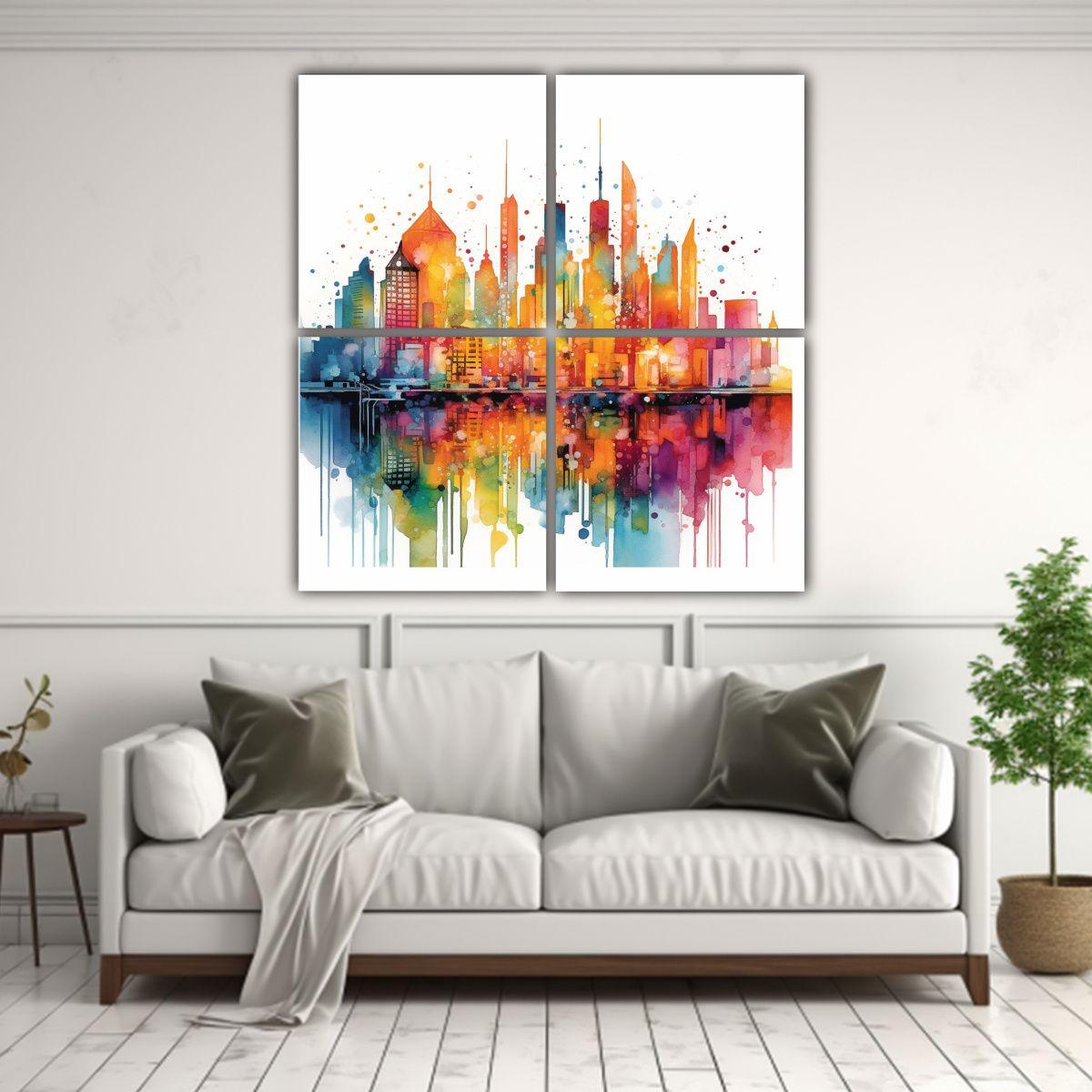 Cuatro Cuadros Acuarela Intensos De Ciudades 60x60 Cm-2