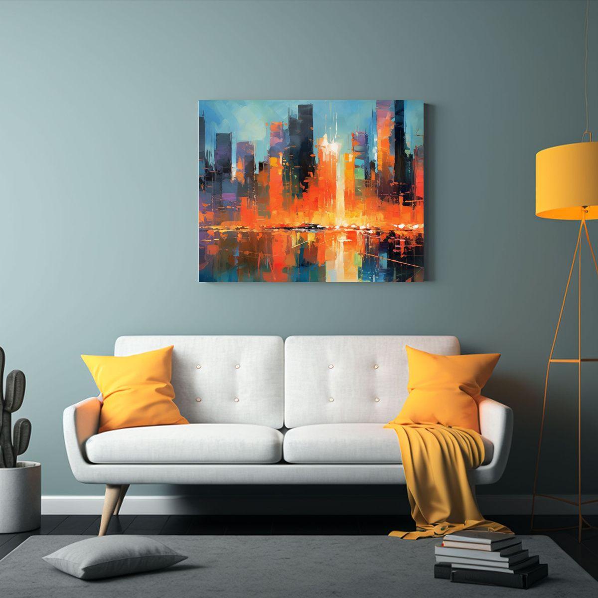 Pintura Abstracta Moderna Del Skyline Nocturno De Una Ciudad 120x80cm-2