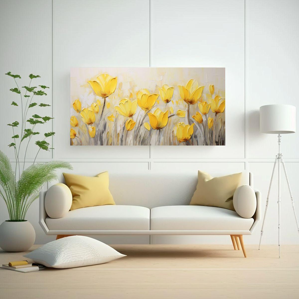 Pintura Moderna De Tulipanes Amarillos En Lienzo, 120x60cm-2