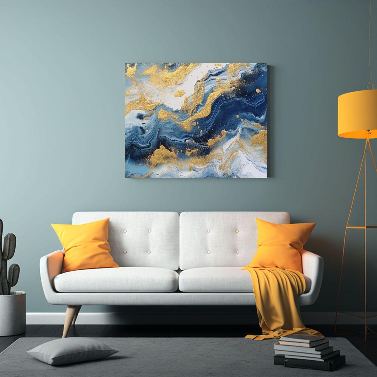 Cuadro Abstracto Luminoso Azul Y Dorado Para Decoración De  45x30cm-2