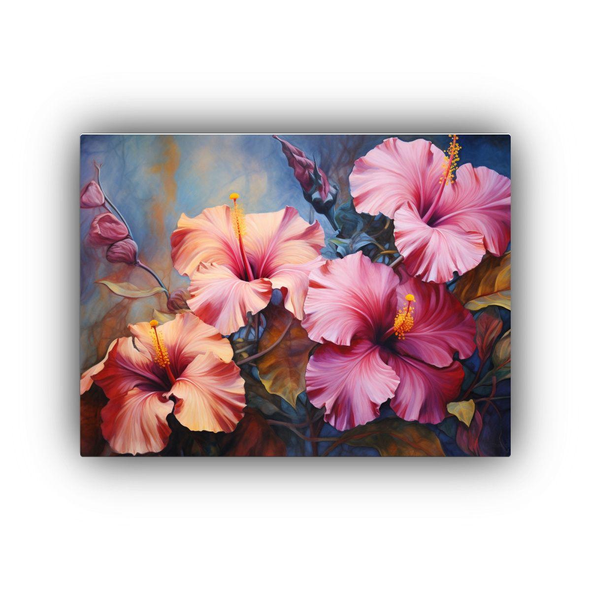 Pintura Abstracta De Hibiscos En Lienzo De Colores Vivos 65x50cm-0