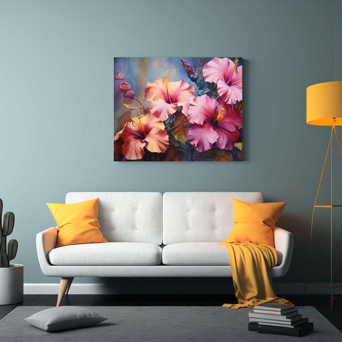 Pintura Abstracta De Hibiscos En Lienzo De Colores Vivos 65x50cm-2