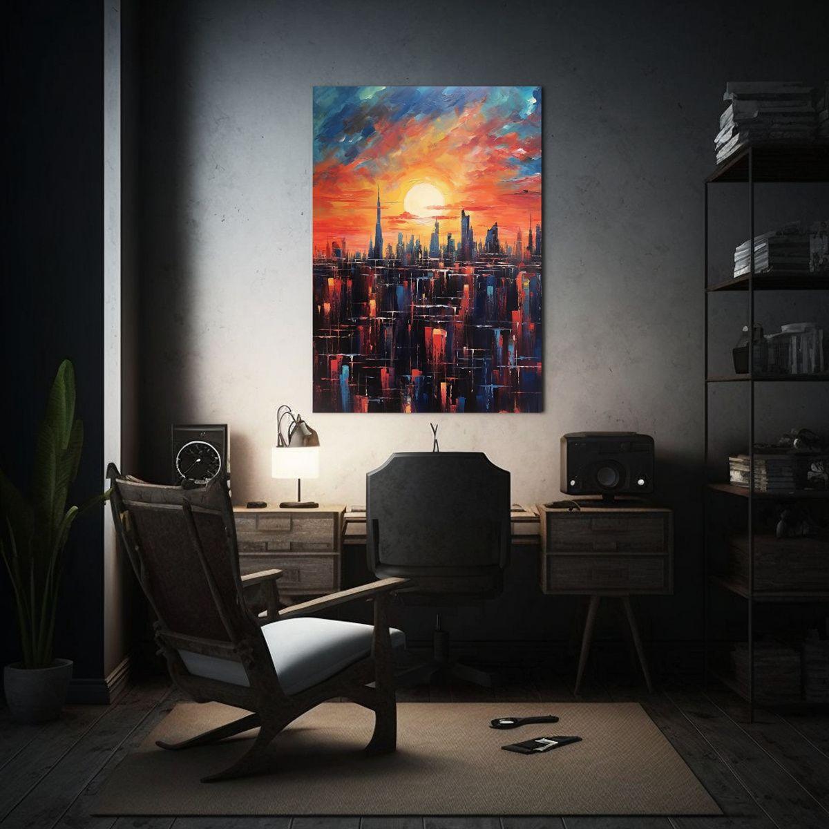 Pintura Acrílica Ciudad Con Cielo Nocturno, Arte Decorativo 20x30cm-2