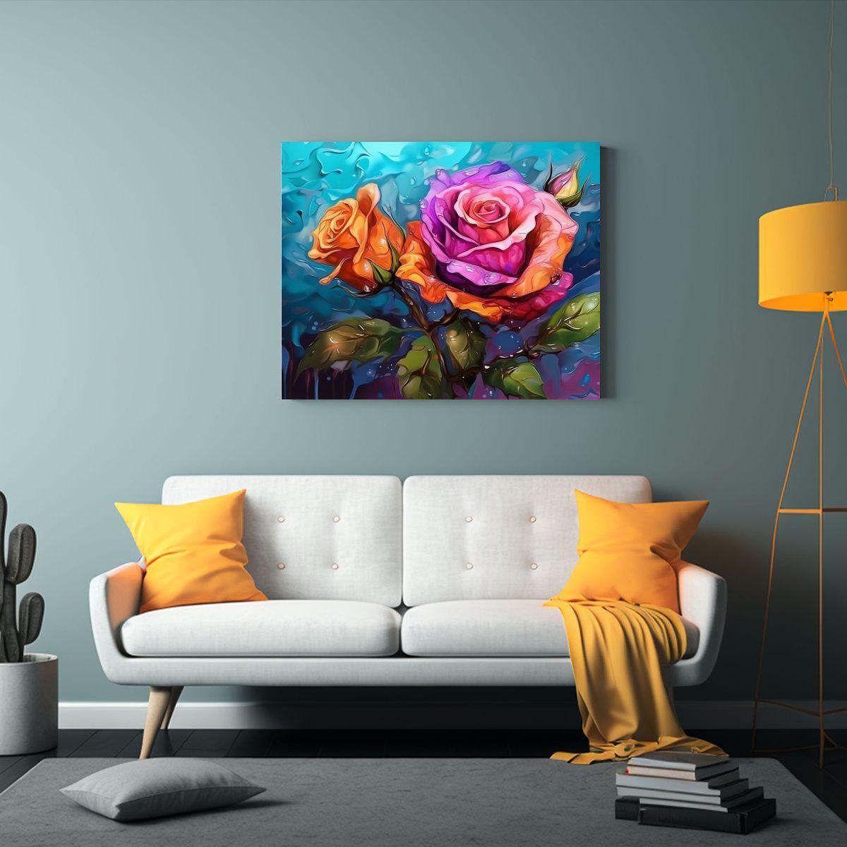 Pintura De Pared Abstracta Con Flores De Rosa Florecientes Y 65x50cm-2