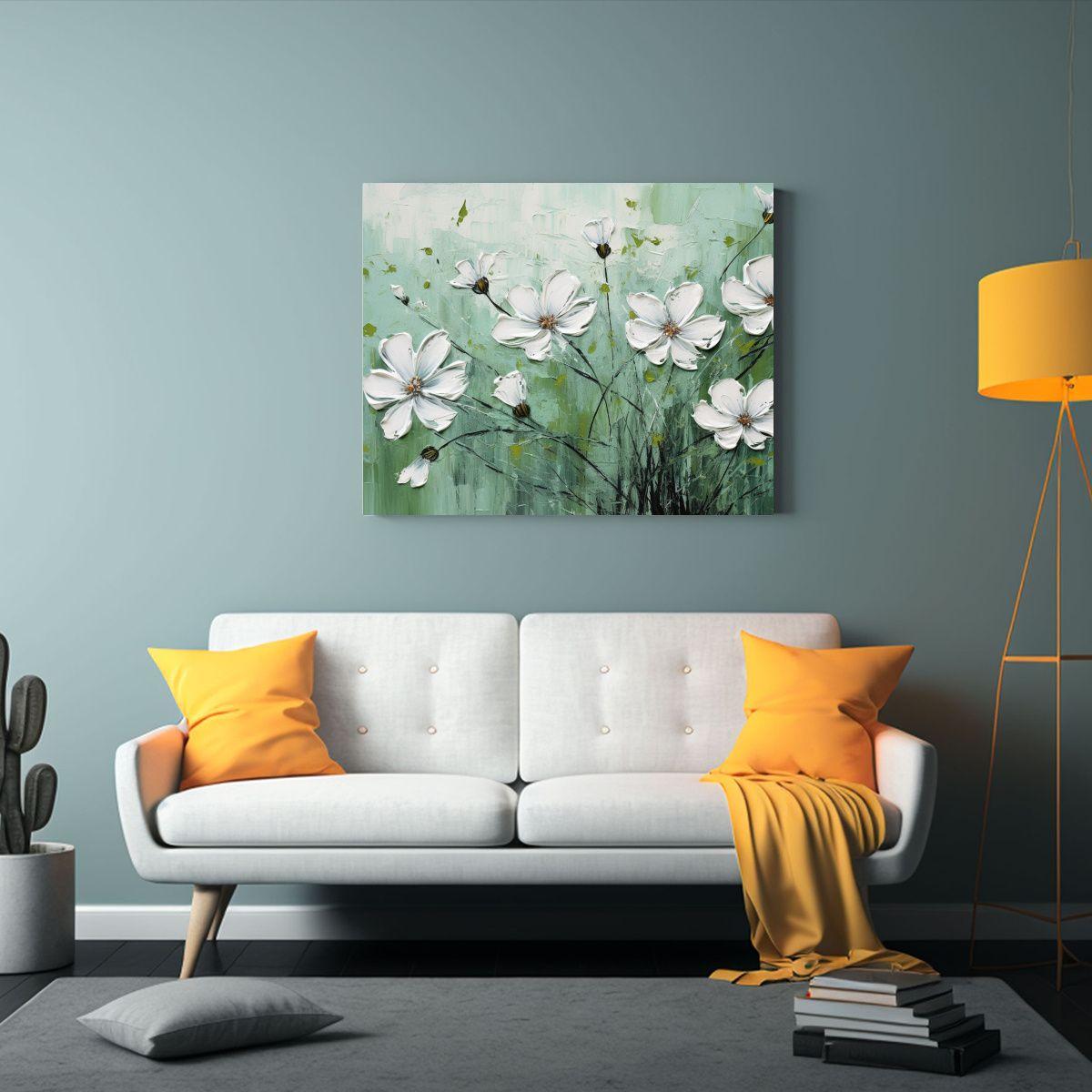 Pintura Acuarela Original Con Flores Verdes Y Plateadas En L 45x30cm-2