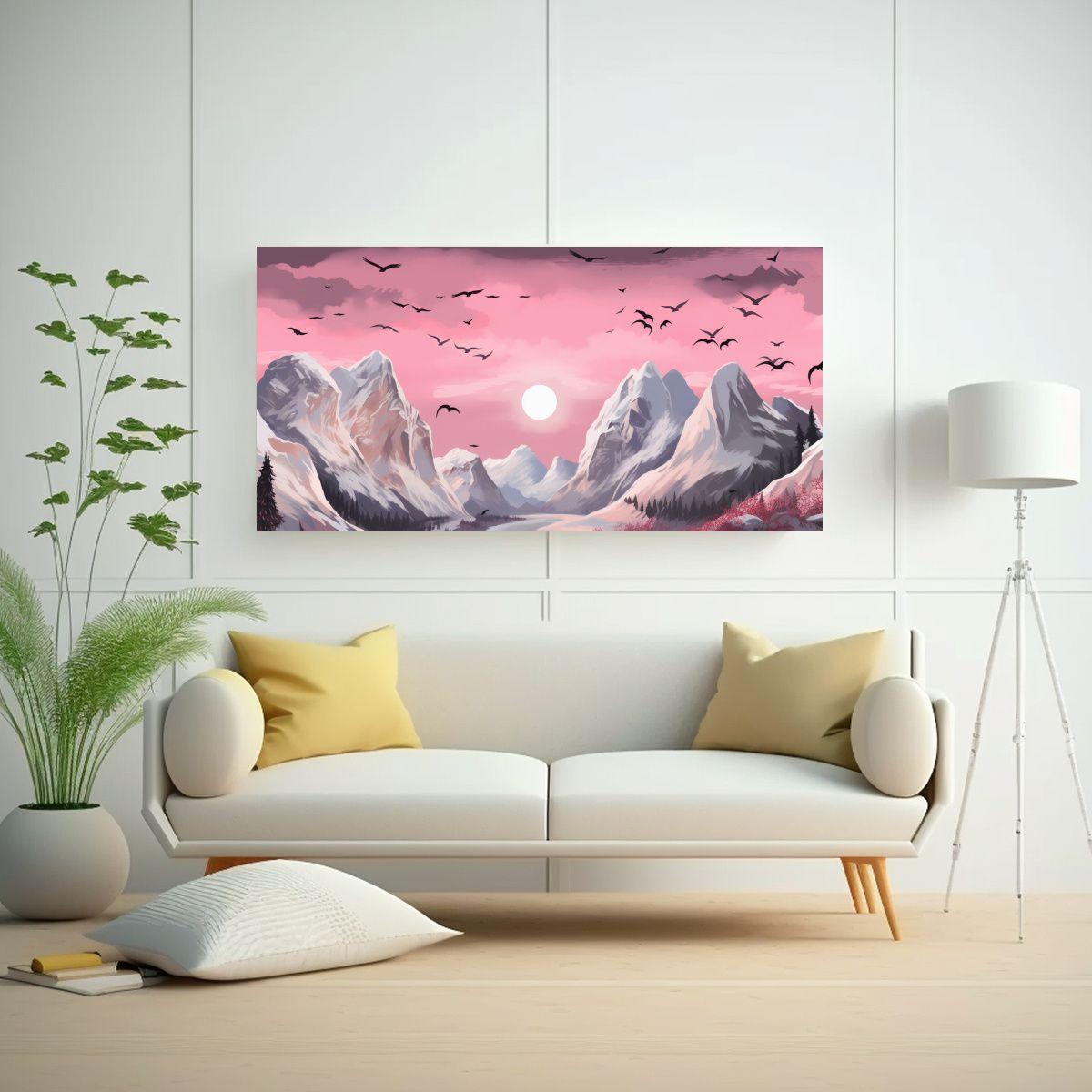 Pintura De Pared Con Montaña Y Aves En Estilo 40x20cm-2