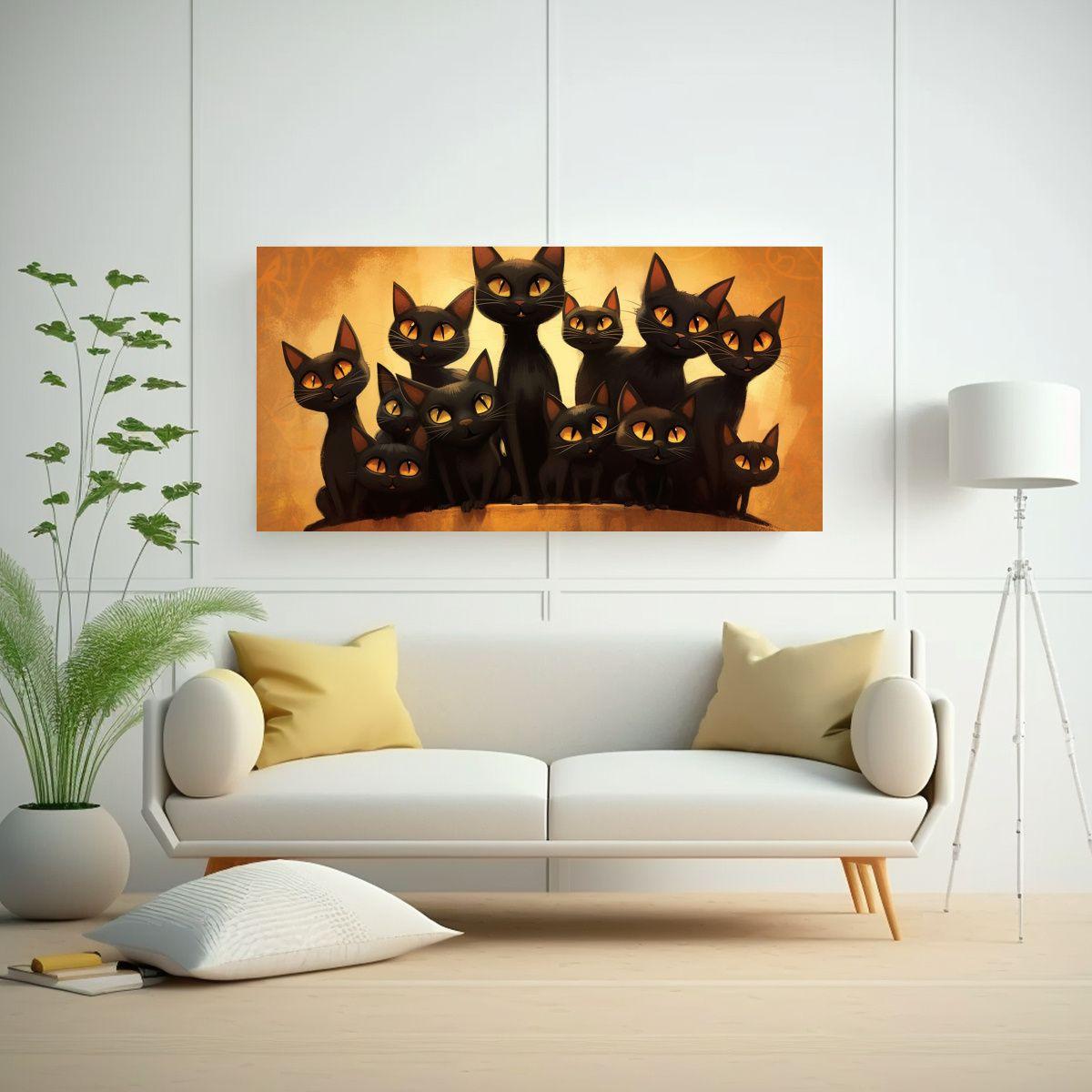Cuadro De Gatos Negros En Grupo Sobre Un Montón 60x30cm-2